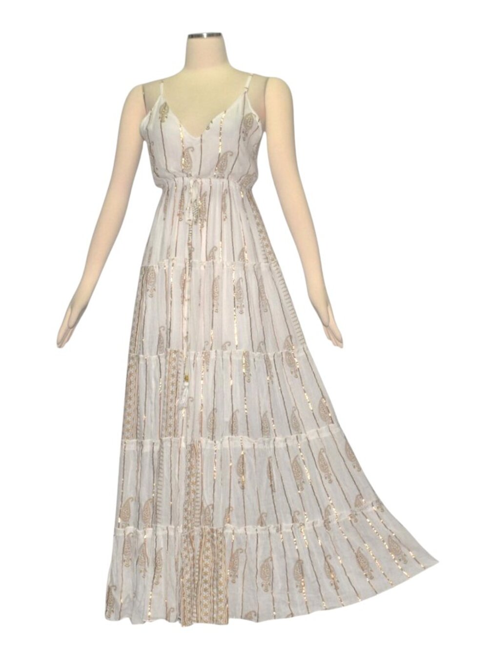 Siddhartha Cream and Metallic Gold Sundress Dress Boho Resort M